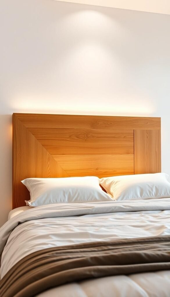 A modern, sophisticated wood headboard design with clean lines and a natural, organic aesthetic. The headboard is constructed from warm, textured wood planks arranged in a simple, asymmetric pattern, creating visual interest and depth. Soft, diffused lighting from above casts a gentle glow, highlighting the wood's natural grain and knots. The headboard is framed against a minimalist, neutral-toned wall, allowing the design to take center stage. The overall composition conveys a sense of tranquility and contemporary sophistication, perfect for a serene, modern bedroom space.
