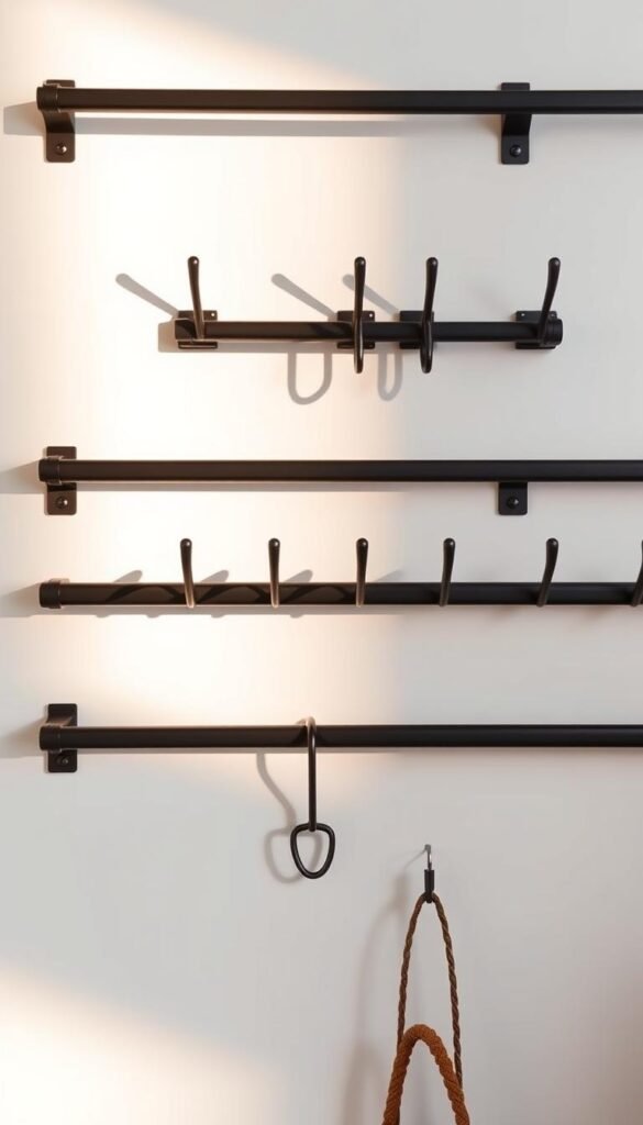 A modern, stylish storage system featuring a clean, minimalist arrangement of sleek metal hooks and rails mounted on a crisp white wall. The hooks are arranged in a balanced, geometric pattern, casting soft shadows that add depth and texture. Warm, directional lighting illuminates the high-quality materials, highlighting the matte black finish and subtle metallic sheen. The overall scene evokes a sense of effortless organization and contemporary design, perfectly suited for storing and displaying a variety of household items in a visually appealing manner.