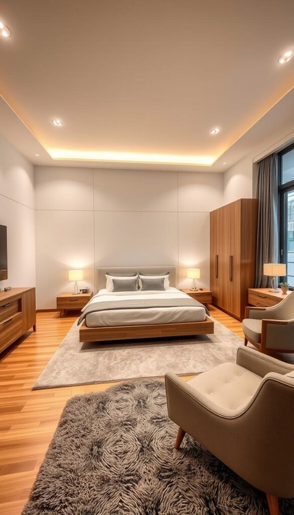 A modern, well-designed bedroom with an inviting layout and thoughtful furniture arrangement. The room features a clean, minimalist aesthetic with a neutral color palette of whites, grays, and natural wood tones. A king-size bed takes center stage, flanked by sleek nightstands and contemporary lamps that cast a warm, ambient glow. A spacious wardrobe and dresser provide ample storage, while a plush area rug and cozy armchair create a cozy seating nook. Large windows allow natural light to flood the space, complemented by discreet recessed lighting. The overall atmosphere is one of tranquility and relaxation, with a focus on functionality and visual harmony.