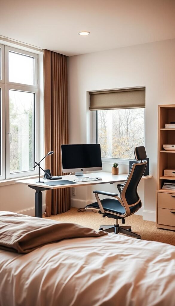 A modern, well-lit bedroom featuring an ergonomic desk setup. The desk is positioned near a large window, allowing for ample natural light and a view of the outdoors. The desk surface is clean and uncluttered, with a sleek, minimalist design. A comfortable office chair with lumbar support and adjustable features is positioned in front of the desk. On the desk, a high-quality monitor, a wireless keyboard, and a mouse pad create a cohesive, efficient workspace. Bookshelves or storage units flank the desk, providing ample space for organization and decor. The overall atmosphere is calming and conducive to productivity, with warm, diffused lighting and muted color tones. A modern, well-lit bedroom featuring an ergonomic desk setup. The desk is positioned near a large window, allowing for ample natural light and a view of the outdoors. The desk surface is clean and uncluttered, with a sleek, minimalist design. A comfortable office chair with lumbar support and adjustable features is positioned in front of the desk. On the desk, a high-quality monitor, a wireless keyboard, and a mouse pad create a cohesive, efficient workspace. Bookshelves or storage units flank the desk, providing ample space for organization and decor. The overall atmosphere is calming and conducive to productivity, with warm, diffused lighting and muted color tones.