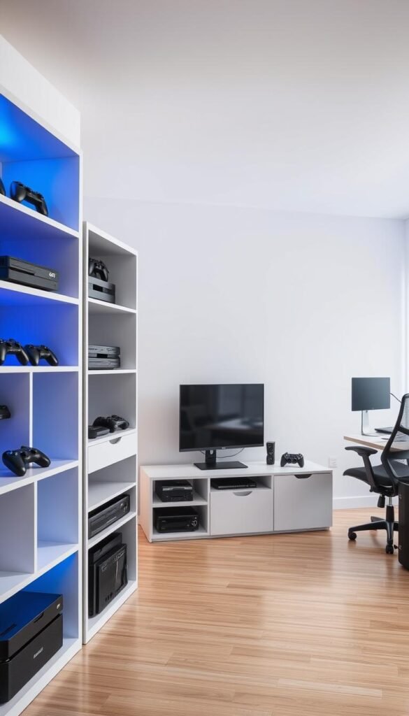 A modern, well-lit gaming room with sleek, modular storage solutions prominently displayed. In the foreground, a modular shelving unit with cubbies, drawers, and display spaces to neatly organize gaming consoles, controllers, and accessories. In the middle ground, a floating media console with ample space for a gaming PC, streaming devices, and cable management. The background features a minimalist workstation with a height-adjustable desk and ergonomic chair, creating a cohesive, functional workspace. The overall atmosphere is one of clean, organized efficiency, with a touch of ambient RGB lighting to set the mood for immersive gaming sessions.