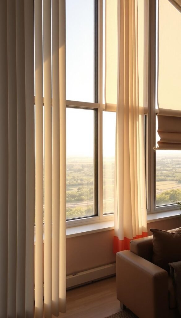 A modern, well-lit interior with large windows showcasing a variety of window treatment options. In the foreground, sleek vertical blinds in a neutral tone frame the window, creating a sense of clean, minimalist style. In the middle ground, a mix of sheer curtains and roman shades in soft, muted colors add layers of texture and visual interest. The background features a panoramic view of a scenic landscape, bathed in warm, natural lighting, conveying a serene and inviting atmosphere. The overall composition emphasizes the importance of considering factors such as light control, privacy, and aesthetic harmony when selecting the perfect window treatments for a contemporary living space.
