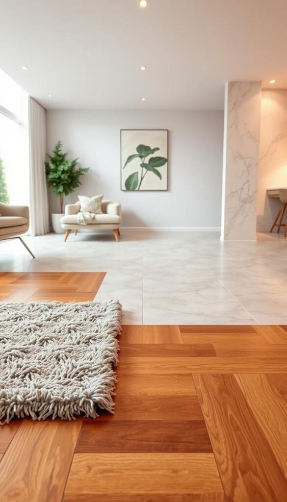 A modern, well-lit living room showcasing various flooring options. In the foreground, a hardwood floor with a rich, warm tone contrasts with a plush, textured area rug. In the middle ground, a sleek tile floor in a neutral palette leads to a cozy seating area. In the background, a luxurious marble floor reflects the warm lighting, creating a sense of elegance and sophistication. The overall atmosphere evokes a serene, refined ambiance, emphasizing the key factors of durability, aesthetics, and comfort for an optimal living room flooring selection.