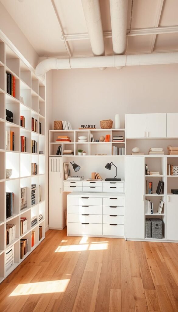 A modern, well-organized studio layout with a range of storage solutions. In the foreground, sleek floor-to-ceiling shelving units in a minimalist white finish, offering ample space for books, decor, and creative supplies. In the middle ground, a modular storage system with drawers and cubbies, strategically placed to divide the space and provide flexible organization. The background features a combination of open wall shelving and hidden cabinet storage, creating a balanced and visually appealing design. Warm, natural lighting filters in through large windows, accentuating the clean, airy atmosphere. The overall layout promotes efficiency, inspiration, and a sense of purposeful design.