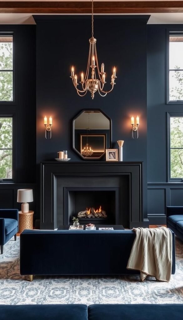 A moody, dramatic fireplace takes center stage in this sophisticated living room. A sleek black fireplace surround contrasts with the navy blue walls, creating depth and visual interest. The mantel is adorned with a minimalist mirror and simple decor, allowing the fireplace to be the star. Warm, soft lighting from sconces and a central chandelier casts a cozy glow, while large windows frame the scene and let in natural light. The space exudes a cool, modern atmosphere with a balanced, harmonious color palette. An area rug and plush navy velvet furniture complete the luxurious, elevated look.