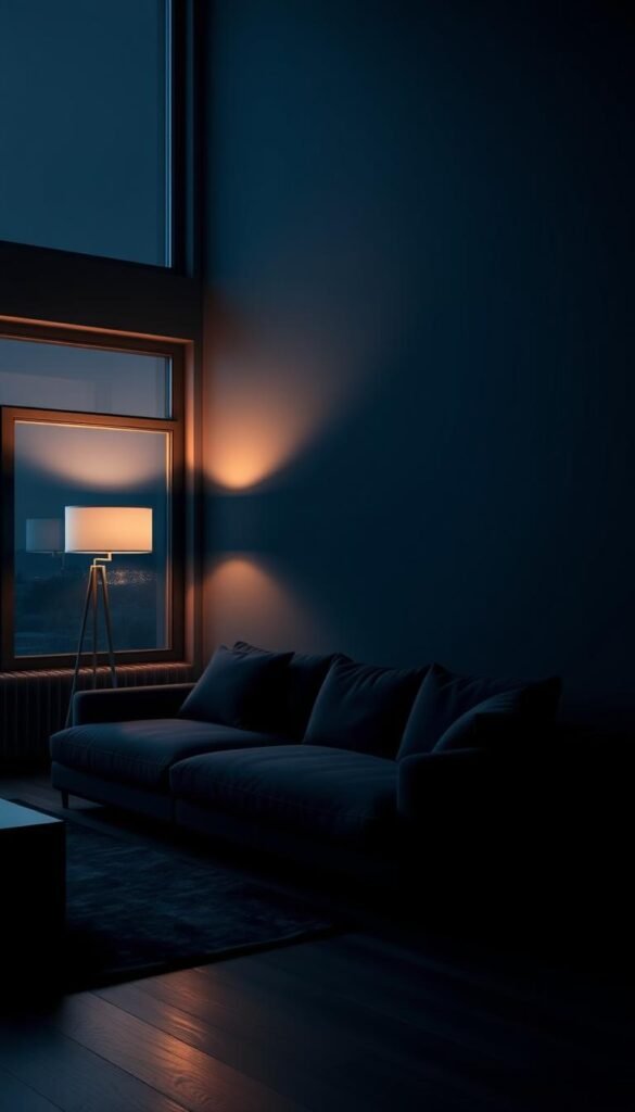 A moody, dramatic living room with navy blue walls that cast a deep, brooding atmosphere. A sleek black sectional sofa takes center stage, its clean lines and luxurious upholstery creating a striking contrast against the rich, inky hue of the walls. Soft, diffused lighting from a minimalist floor lamp bathes the scene in a warm, contemplative glow, while a large picture window offers a glimpse of a dimly lit outdoor landscape, further enhancing the sense of tranquility and introspection. The overall composition evokes a sophisticated, high-end aesthetic, perfectly suited for a bold, contemporary living space.
