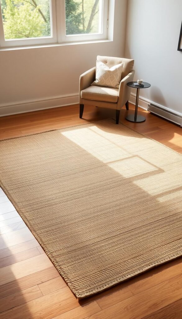 A neatly arranged jute rug with a minimalist geometric pattern lies on a hardwood floor, casting warm, natural shadows. The rug is strategically placed to define a cozy seating area, with a plush armchair and a sleek side table positioned around it. Soft, diffused lighting from a large window illuminates the space, highlighting the texture and earthy tones of the jute fibers. The overall composition conveys a sense of calm, organic elegance that seamlessly integrates the rug into the living room's design. A neatly arranged jute rug with a minimalist geometric pattern lies on a hardwood floor, casting warm, natural shadows. The rug is strategically placed to define a cozy seating area, with a plush armchair and a sleek side table positioned around it. Soft, diffused lighting from a large window illuminates the space, highlighting the texture and earthy tones of the jute fibers. The overall composition conveys a sense of calm, organic elegance that seamlessly integrates the rug into the living room's design.