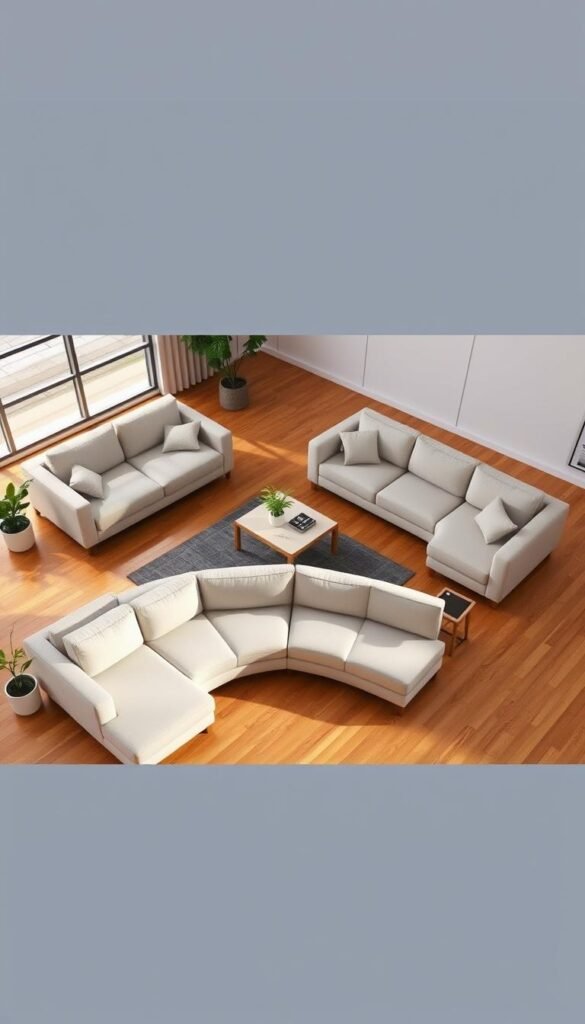 A neatly arranged living room with three different sectional sofa configurations displayed side-by-side, showcasing their distinct shapes, sizes, and layout options. The sofas are positioned on a hardwood floor, with a large window behind them letting in warm, natural lighting. In the foreground, a small coffee table sits between the sectionals, while potted plants and minimalist decor adorn the space, creating a serene and inviting atmosphere. The sectionals are rendered in realistic detail, allowing viewers to compare and contrast their proportions, chaise lounge positions, and overall visual appeal.