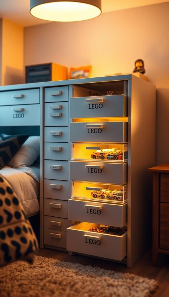 A neatly organized LEGO storage solution with labeled drawers in a cozy bedroom setting. The drawers are arranged in a modular fashion, allowing for easy access and customization. The drawers are illuminated by warm, diffused lighting from above, creating a welcoming atmosphere. The scene is shot from an angle that showcases the storage system's clean design and functionality, while also including elements of the surrounding bedroom, such as a plush rug and a glimpse of a nightstand or shelving unit. The overall mood is one of efficiency and tranquility, highlighting how a well-designed LEGO storage system can enhance a child's bedroom.