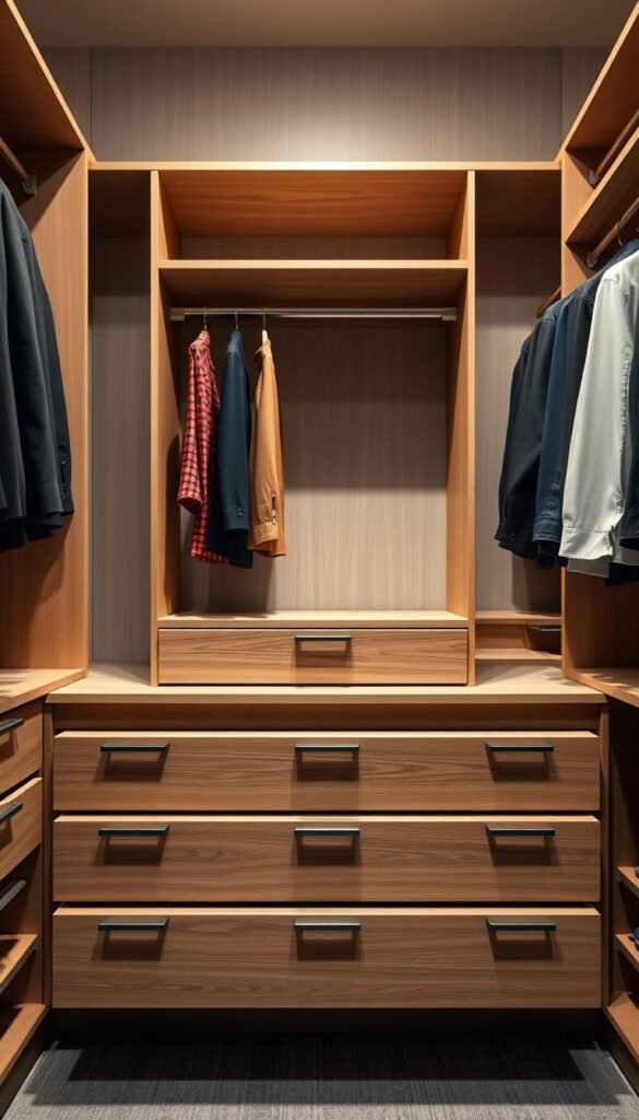 A neatly organized closet with a row of well-designed drawers occupying the center foreground. The drawers are composed of sleek, modern materials such as wood and metal, with clean lines and minimalist hardware. The middle ground features a combination of open shelving and hanging rods, allowing for versatile storage solutions. The background showcases a neutral-toned wall, accentuating the polished, refined aesthetic of the closet. Soft, even lighting illuminates the space, creating a sense of tranquility and order. The overall composition highlights the functionality and visual appeal of incorporating thoughtfully designed drawers into a well-planned closet organization system.