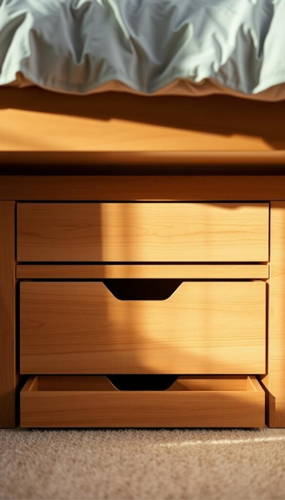 A neatly organized under-bed storage space, featuring sleek, wooden drawers in a warm, earthy tone. The drawers are positioned in a visually balanced arrangement, creating a sense of order and efficiency. Soft, diffused lighting from above gently illuminates the scene, casting subtle shadows that accentuate the clean lines and textures. The overall composition conveys a harmonious and practical solution for maximizing the storage potential under a boy's bed, perfect for stowing away toys, clothes, or other essentials while maintaining a tidy and inviting bedroom atmosphere.