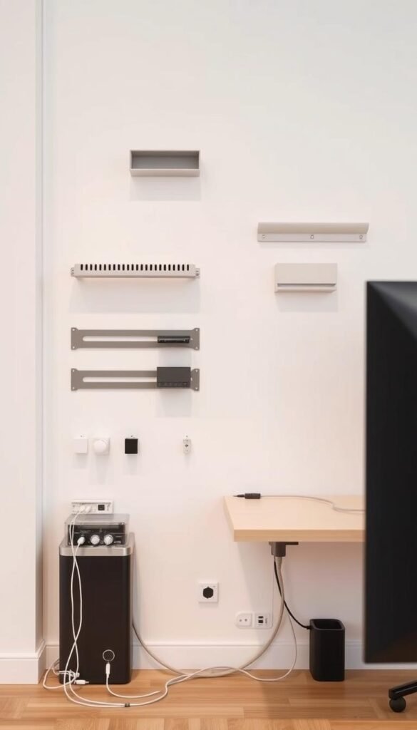 A neatly organized workspace with a clean, modern aesthetic. In the foreground, a sleek TV mounted flush against the wall, its cables elegantly hidden behind a minimalist cable management system. The middle ground features an assortment of discreet organizational solutions, from wall-mounted cable trays to under-desk raceways, all in a neutral color palette that blends seamlessly with the surrounding decor. The background showcases a minimalist, well-lit interior, with warm, indirect lighting complementing the overall calming and organized atmosphere. The image conveys a sense of effortless efficiency, where form and function are perfectly balanced.