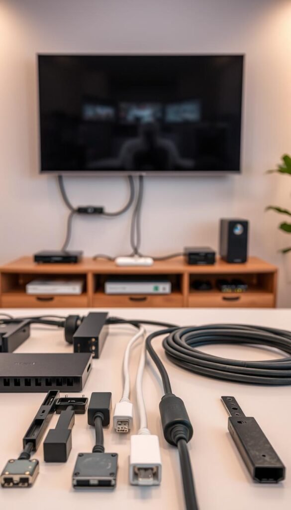 A neatly organized workspace with a sleek, modern television mounted on the wall. In the foreground, a selection of high-quality cable management tools and accessories, including cord clips, cable trays, and wire organizers, are displayed in a visually appealing arrangement. The middle ground features a close-up view of a cable management system, expertly routed and secured, creating a clean, professional look. The background showcases a minimalist, well-lit interior design, with subtle ambient lighting highlighting the attention to detail in the cable management setup. The overall mood is one of efficiency, organization, and a commitment to a polished, visually appealing home entertainment space.