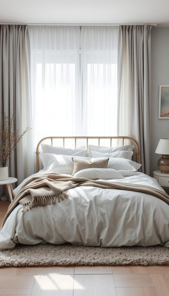 A peaceful, serene bedroom bathed in soft, muted tones. Tranquil light filters through sheer curtains, casting a gentle glow over the scene. The color palette features a harmonious blend of soft blues, grays, and whites, creating a soothing and calming atmosphere. A plush, inviting bed takes center stage, topped with layers of plush bedding and pillows. Subtle textures, such as a woven throw and a plush area rug, add depth and visual interest. The overall mood is one of restfulness and relaxation, with a focus on creating a sanctuary-like space that promotes a sense of serenity and well-being.