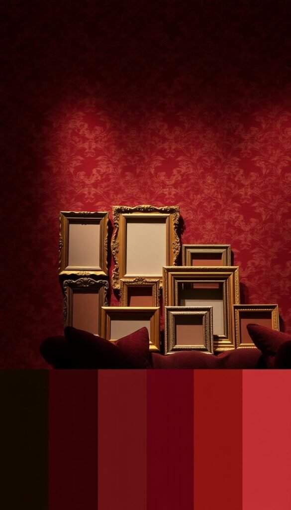 A richly colored Victorian-inspired color palette design, featuring a harmonious blend of muted earth tones and jewel-toned accents. The foreground showcases a lush, textured wallpaper in a deep burgundy hue, with intricate floral patterns and a slight sheen. The middle ground presents a collection of ornate picture frames in burnished gold and antique brass, arranged in a symmetrical layout. The background is illuminated by soft, warm lighting, casting a cozy, atmospheric glow and highlighting the depth and nuance of the color scheme. The overall composition evokes a sense of timeless elegance and refined sophistication, perfectly suited for a modern Victorian-themed living room.