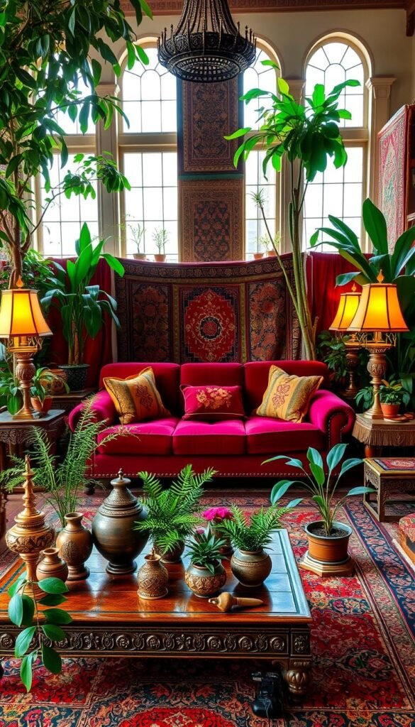 A richly decorated Moroccan living room with ornate furniture, colorful textiles, and an abundance of lush greenery. In the foreground, a low wooden table is adorned with a selection of handcrafted pottery, brass trinkets, and fragrant potted plants. Behind it, a plush, jewel-toned sofa is flanked by intricately carved side tables and ornate floor lamps that cast a warm, ambient glow. In the middle ground, a large, intricately patterned area rug anchors the space, complemented by hanging tapestries and intricate wall hangings. The background features tall windows that allow natural light to filter in, illuminating the vibrant colors and textures throughout the room. The overall atmosphere is one of luxury, comfort, and a curated personal style.