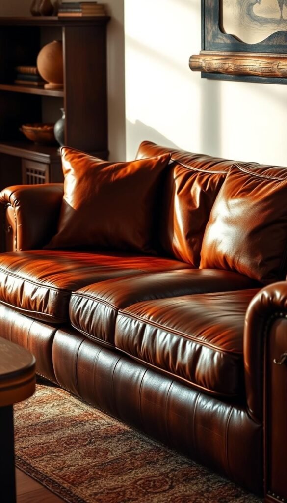 A richly textured leather sofa, its deep brown hue evoking a rustic, ranch-inspired ambiance. The piece is handsomely crafted, with clean lines and plush cushions that invite relaxation. Soft lighting casts a warm glow, creating a cozy, inviting atmosphere. The sofa is positioned as the focal point of the living room, complemented by complementary wooden accents and a neutral color palette. This sophisticated yet comfortable furniture piece effortlessly blends modern and traditional design elements, seamlessly fitting into a Western-inspired living space.