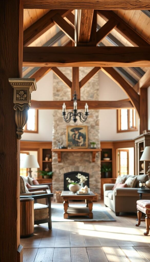 A rustic English country living room with cozy cottage charm. Warm, natural light filters in through large windows, casting a gentle glow on the wooden beams and architectural details. In the foreground, intricate DIY corbels adorned with delicate floral carvings frame the entryway, adding depth and visual interest. The middle ground features a mix of natural materials like stone, wood, and plaster, creating a harmonious, textured composition. In the background, a fireplace with a sturdy mantel anchors the space, surrounded by built-in shelving and decorative moldings. The overall atmosphere is one of timeless, handcrafted elegance, reflecting the charming character of an English country home.