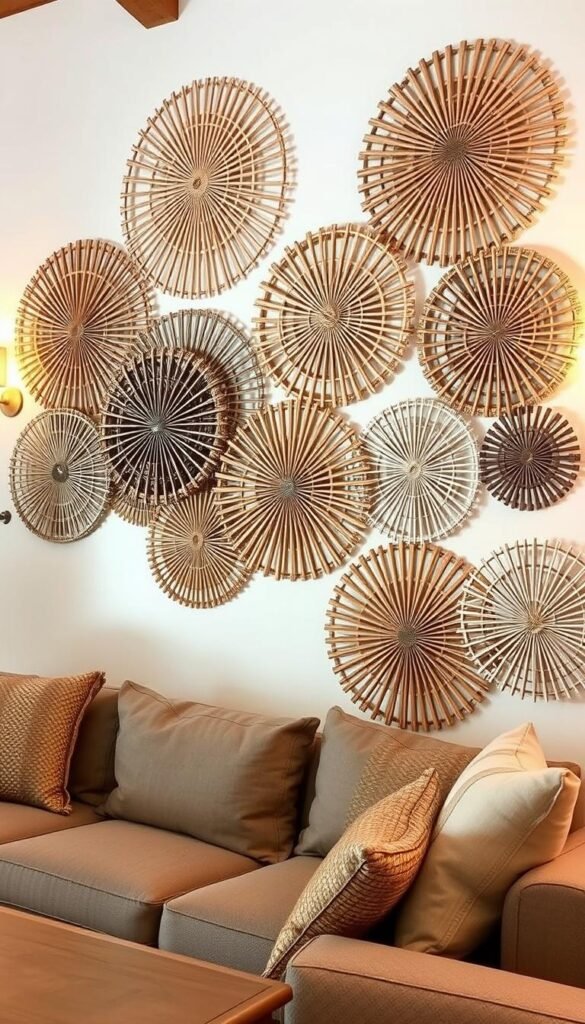 A rustic arrangement of intricately woven fan-shaped wall decor, crafted from natural materials like rattan, jute, and bamboo. The fans are hung in an asymmetrical, overlapping pattern, creating a visually striking display of textures and shapes. Soft, warm lighting from sconces or wall-mounted fixtures illuminates the delicate weaving, casting gentle shadows and highlighting the organic, handmade quality of the pieces. The overall composition evokes a cozy, farmhouse-inspired ambiance, perfectly complementing the neutral color palette and distressed wood tones of the living room setting. A rustic arrangement of intricately woven fan-shaped wall decor, crafted from natural materials like rattan, jute, and bamboo. The fans are hung in an asymmetrical, overlapping pattern, creating a visually striking display of textures and shapes. Soft, warm lighting from sconces or wall-mounted fixtures illuminates the delicate weaving, casting gentle shadows and highlighting the organic, handmade quality of the pieces. The overall composition evokes a cozy, farmhouse-inspired ambiance, perfectly complementing the neutral color palette and distressed wood tones of the living room setting.