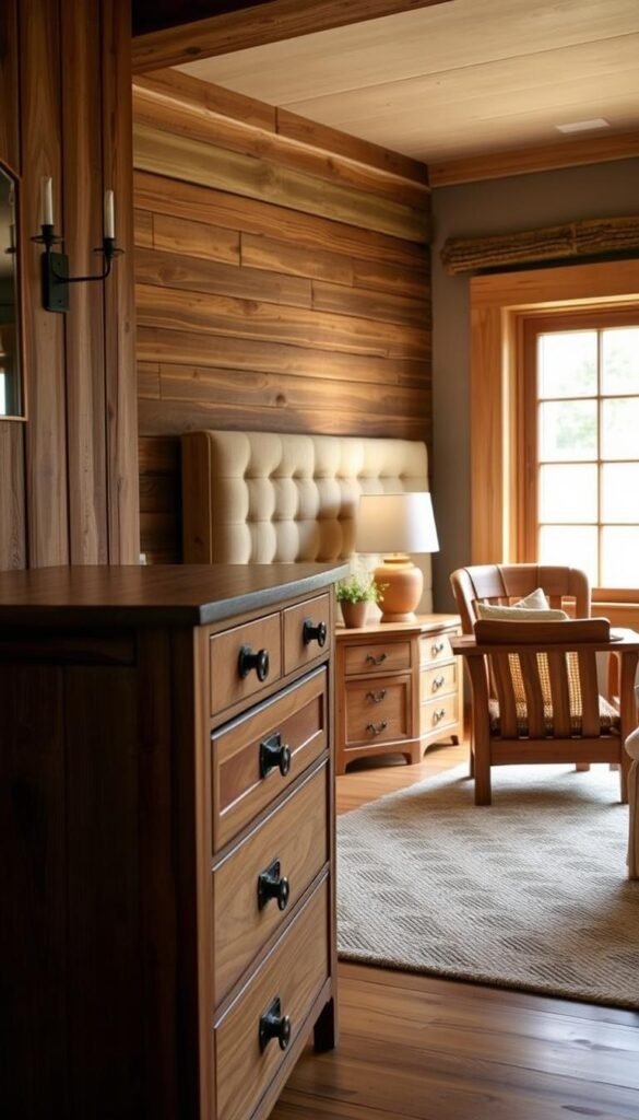 A rustic bedroom with warm, natural wood furniture. In the foreground, a sturdy oak dresser with hand-carved details and a thick, distressed wood top. Behind it, a tall, tufted headboard made of reclaimed barnwood, framed by a pair of vintage-inspired sconces. In the middle ground, a nightstand crafted from knotty pine, with a simple lamp and a small potted plant. In the background, a wooden armchair with a woven seat, nestled in the corner. Soft, diffused lighting from a large window casts a cozy glow over the scene. The overall atmosphere is one of rugged charm and relaxed, countryside comfort.