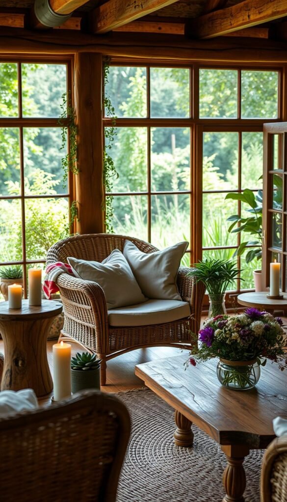 A rustic cottage nestled amidst a lush garden, sunlight filtering through the trees. In the foreground, a cozy wicker armchair adorned with plush natural-toned cushions. Wooden side tables hold potted succulents and artisanal candles, their warm glow casting a soft ambiance. The middle ground features a woven area rug, complemented by a low wooden coffee table displaying a bouquet of wildflowers. In the background, large windows frame the verdant landscape outside, blurring the boundaries between indoors and out. This tranquil scene evokes a sense of simple elegance and a harmonious connection with the natural world.