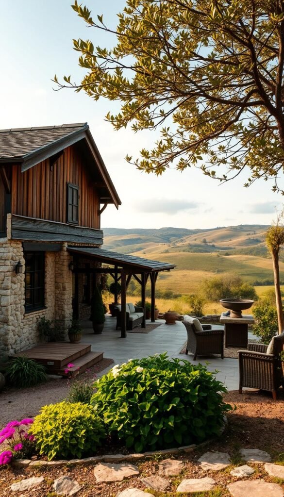 A rustic country home nestled in a serene landscape, its exterior adorned with natural materials that evoke a warm, earthy ambiance. A wide-angle view captures the charming façade, featuring a weathered wooden structure accented by stone walls and a gently sloping roof. The foreground is graced by a well-tended garden, its lush greenery and vibrant blooms complementing the natural tones of the building. The middle ground reveals a peaceful patio area, where natural wood and wicker furnishings invite relaxation. In the background, rolling hills and a cloudless sky provide a tranquil, pastoral backdrop, bathed in soft, golden light that casts a serene glow over the entire scene.