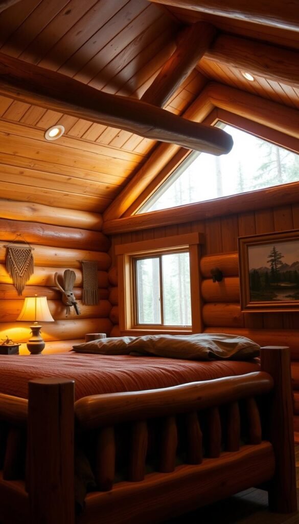 A rustic, cozy cabin bedroom with warm, natural wood elements. In the foreground, a sturdy wooden bed frame with a plush, earthy-toned comforter. Beside it, a weathered wood nightstand holding a vintage table lamp. In the middle ground, exposed wood beams across the ceiling, casting a soft, golden glow from the recessed lighting. The walls are adorned with wood paneling, complemented by natural fiber wall hangings and a large, framed landscape painting. In the background, a window overlooking a pine forest, letting in soft, diffused natural light. The overall atmosphere is one of comfort, tranquility, and the charm of a secluded mountain retreat.
