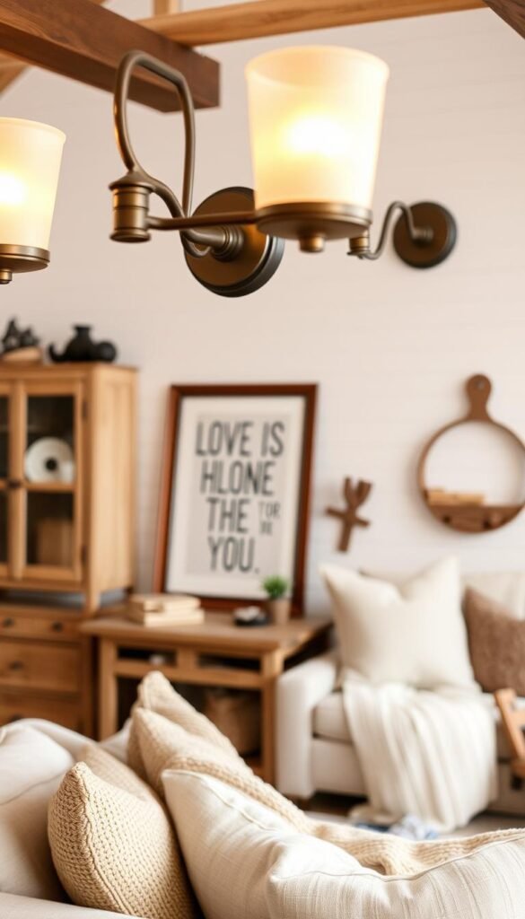 A rustic farmhouse-style living room with warm, inviting lighting. In the foreground, a pair of classic wall sconces flanking a piece of framed artwork, their muted brass or matte black finishes complementing the neutral color palette. The sconces cast a soft, ambient glow, highlighting the textural details of the farmhouse-inspired decor. In the middle ground, a mix of natural wood, woven accents, and plush furnishings create a cozy, lived-in atmosphere. The background features a whitewashed shiplap wall, lending an authentic, country-chic aesthetic to the space. A rustic farmhouse-style living room with warm, inviting lighting. In the foreground, a pair of classic wall sconces flanking a piece of framed artwork, their muted brass or matte black finishes complementing the neutral color palette. The sconces cast a soft, ambient glow, highlighting the textural details of the farmhouse-inspired decor. In the middle ground, a mix of natural wood, woven accents, and plush furnishings create a cozy, lived-in atmosphere. The background features a whitewashed shiplap wall, lending an authentic, country-chic aesthetic to the space.