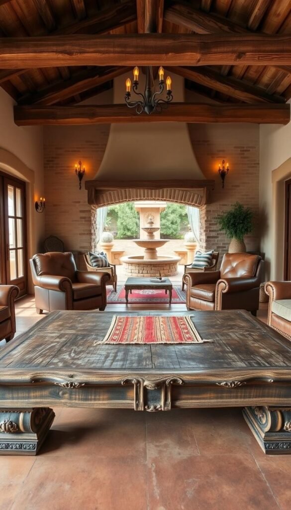 A rustic hacienda-style living room with weathered, distressed wood furniture. In the foreground, a sturdy wooden coffee table with carved details and a worn, antique finish. Centered on the table, a hand-woven Mexican rug in warm, earthy tones. In the middle ground, a pair of overstuffed leather armchairs with brass nail-head trim, flanking a large, ornate fireplace with a rough-hewn mantel. The walls feature exposed adobe bricks and wrought-iron sconces casting a soft, golden glow. Overhead, heavy timber beams support a high, vaulted ceiling. Through the large windows, a glimpse of a lush, hacienda-style courtyard with terracotta tiles and a stone fountain.