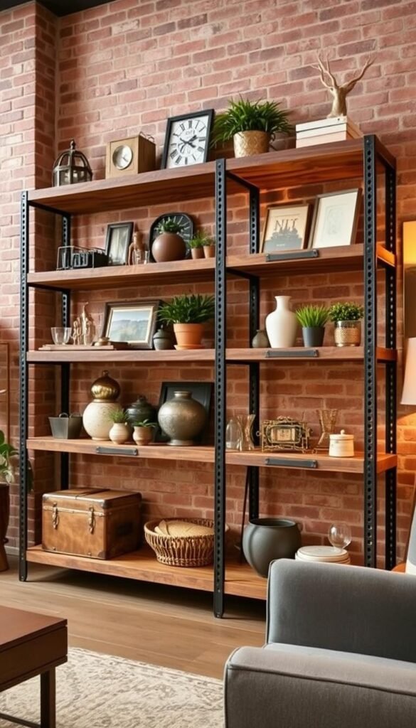 A rustic industrial open shelving unit stands proudly in a cozy living room. Sturdy metal frames support thick, distressed wooden planks, creating a utilitarian yet charming aesthetic. The shelves are neatly organized, displaying a curated collection of vintage décor, potted plants, and artisanal knickknacks. Warm, diffused lighting casts a soft glow, enhancing the natural tones of the wood and metal. The shelving unit is positioned against a backdrop of exposed brick walls, adding to the overall industrial-chic ambiance. A sense of effortless style and functionality emanates from this well-designed storage solution.