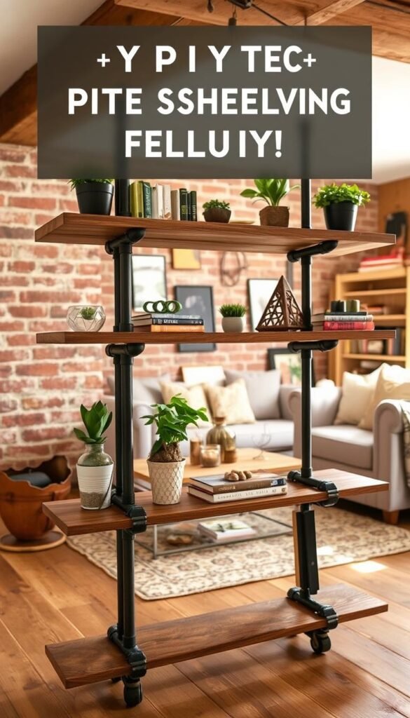 A rustic industrial-style DIY pipe shelving unit project. In the foreground, a set of modular metal piping and wood shelves, with a raw, textured aesthetic. The middle ground features a variety of decorative items placed on the shelves, including plants, books, and vintage-inspired accents. The background showcases a warm, natural-lit living room setting, with exposed brick walls and warm wood tones. The overall mood is one of cozy, inviting, and personalized style. The lighting is soft and directional, highlighting the textures and materials. The camera angle is slightly elevated, capturing the shelving unit as the focal point.