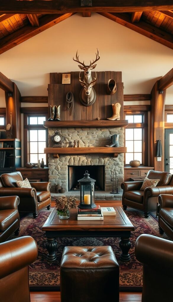A rustic, inviting western ranch living room with a central, eye-catching focal point design. In the foreground, a grand fireplace mantel made of reclaimed wood, adorned with cowboy boots, a lariat, and a mounted deer head. Surrounding the fireplace, comfortable leather armchairs and a plush, patterned rug create a cozy seating area. The middle ground features a wooden coffee table topped with a lantern, books, and a vase of dried flowers. Warm, natural lighting filters through large windows, casting a golden glow over the scene. In the background, exposed beams and a high, vaulted ceiling hint at the expansive scale of the ranch-style home. The overall atmosphere evokes a sense of rugged elegance and a connection to the great American West.