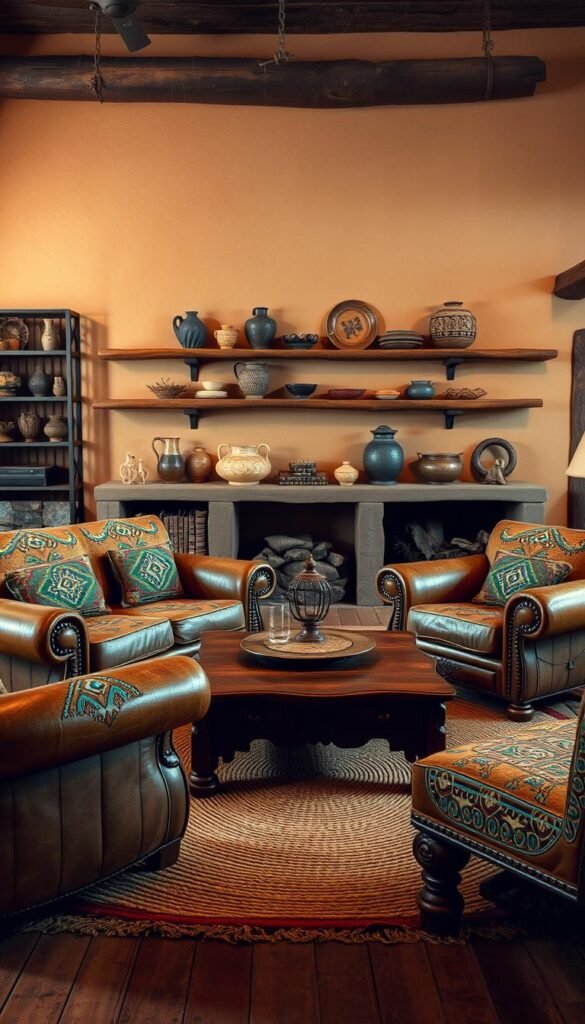 A rustic living room set with Southwest-inspired furnishings. In the foreground, a weathered leather sofa and armchairs with intricate turquoise and earthy patterns. A sturdy wooden coffee table with carved details stands before them. In the middle ground, a woven area rug in warm terracotta tones grounds the space. Shelves along the walls display Southwest-style pottery, woven baskets, and decorative items. Soft, indirect lighting casts a cozy, amber glow, accentuating the natural textures and earthy palette. The background features adobe-style walls in a muted terracotta hue, complementing the overall Southwest aesthetic.