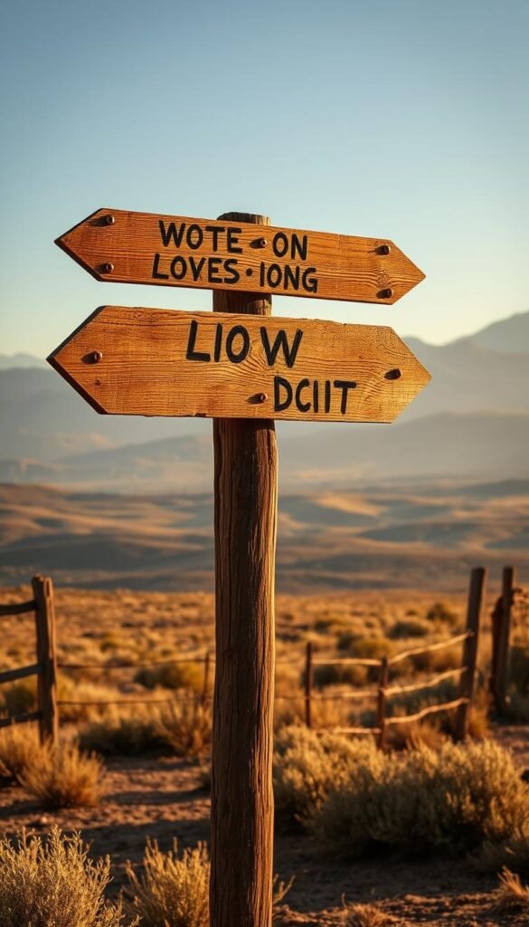 A rustic wooden signpost stands prominently in the foreground, its weathered arrows pointing in different directions. Behind it, a wide expanse of rolling hills and distant mountains stretch out, bathed in warm, golden afternoon sunlight. In the middle ground, a weathered ranch-style fence meanders through the landscape, adding to the rugged, Western aesthetic. The overall scene conveys a sense of exploration and discovery, inviting the viewer to choose their own path through this stunning, untamed terrain.