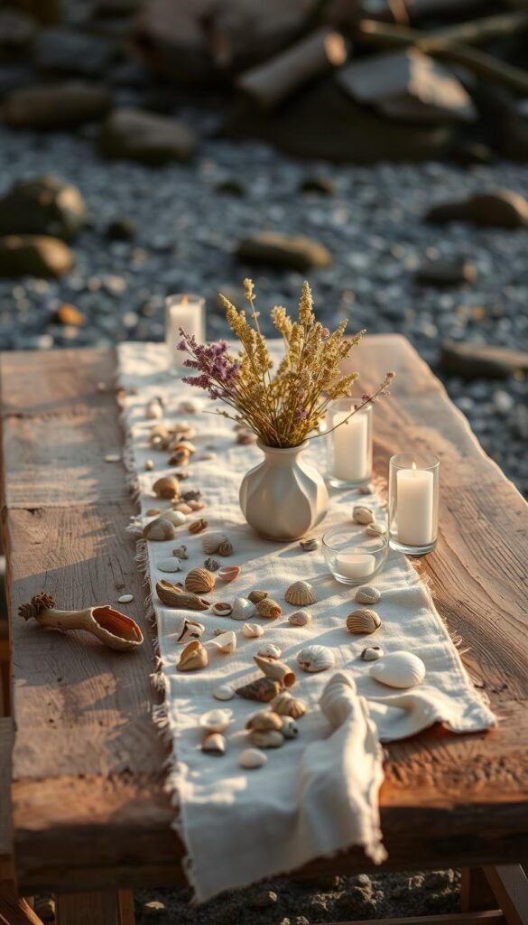 A seaside table setting with natural materials, bathed in warm, golden afternoon light. On a rough-hewn wooden table, a linen runner in a soft, sandy hue. Scattered along its length, an array of seashells, driftwood, and smooth river stones. A cluster of votive candles flicker, casting a gentle glow. In the center, a simple, sculptural vase holds a handful of wildflowers, their petals in shades of lavender and white. The overall impression is one of effortless, coastal elegance - a tranquil scene perfect for intimate alfresco dining. A seaside table setting with natural materials, bathed in warm, golden afternoon light. On a rough-hewn wooden table, a linen runner in a soft, sandy hue. Scattered along its length, an array of seashells, driftwood, and smooth river stones. A cluster of votive candles flicker, casting a gentle glow. In the center, a simple, sculptural vase holds a handful of wildflowers, their petals in shades of lavender and white. The overall impression is one of effortless, coastal elegance - a tranquil scene perfect for intimate alfresco dining.