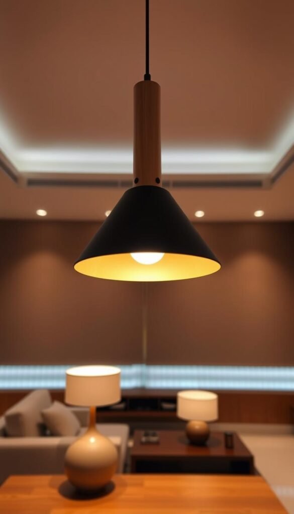 A serene Japandi-inspired living room, bathed in a warm, soft glow. In the foreground, a sleek, minimalist pendant lamp with a natural wood and matte black finish casts a gentle, diffused light across the space. The middle ground features a pair of modern table lamps, their clean lines and neutral tones complementing the overall aesthetic. In the background, recessed ceiling lights illuminate the room with a subtle, ambient illumination, creating a harmonious interplay of light and shadow. The overall mood is one of tranquility and understated elegance, perfectly capturing the principles of Japandi design.
