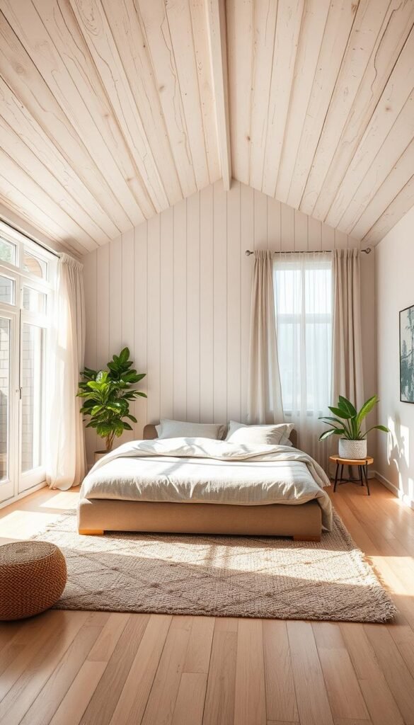 A serene, airy bedroom with a cozy, white plank ceiling. Warm, natural light filters through large windows, casting a soft glow over the space. The ceiling planks have a rustic, weathered texture, adding warmth and depth. A plush, neutral-toned rug grounds the room, complementing the light wood floors. Minimal, Scandi-inspired decor creates a calming ambiance, with a low, upholstered bed taking center stage. Lush, green plants add pops of vibrant color, while sheer, billowing curtains frame the windows, enhancing the sense of airiness. The overall atmosphere is one of tranquility and relaxation, inviting the viewer to unwind in this peaceful retreat.