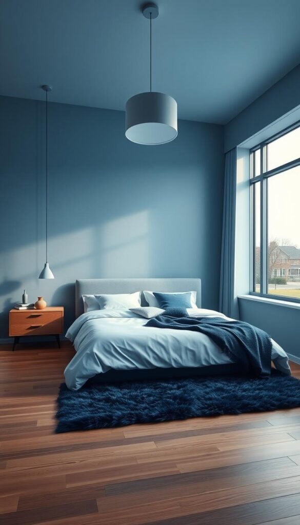 A serene and calming monochrome bedroom design with a focus on various shades of blue. The room features a large, plush bed with crisp, minimalist bedding and accent pillows in varying hues of azure. The walls are painted in a soft, muted blue with subtle textures that catch the warm, diffused lighting from the overhead pendant fixture and the large window overlooking a tranquil outdoor scene. Polished wooden floors and a soft, shaggy rug in a deeper, navy blue complete the cohesive color palette, creating a peaceful and restful atmosphere perfect for a young boy's bedroom.
