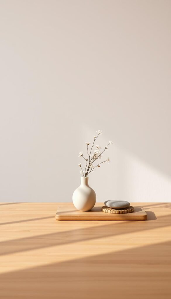 A serene and harmonious Japandi-inspired still life. In the foreground, a minimalist wooden table showcases a meticulously arranged composition: a simple ceramic vase with delicate flora, a smooth river stone, and a bamboo coaster. Soft, diffused lighting casts warm, natural shadows, creating a sense of tranquility. In the middle ground, a neutral-toned, textured wall provides a clean backdrop, allowing the Japandi design elements to take center stage. The overall mood is one of understated elegance, blending the clean lines of Japanese design with the organic, earthy tones of Scandinavian aesthetics.