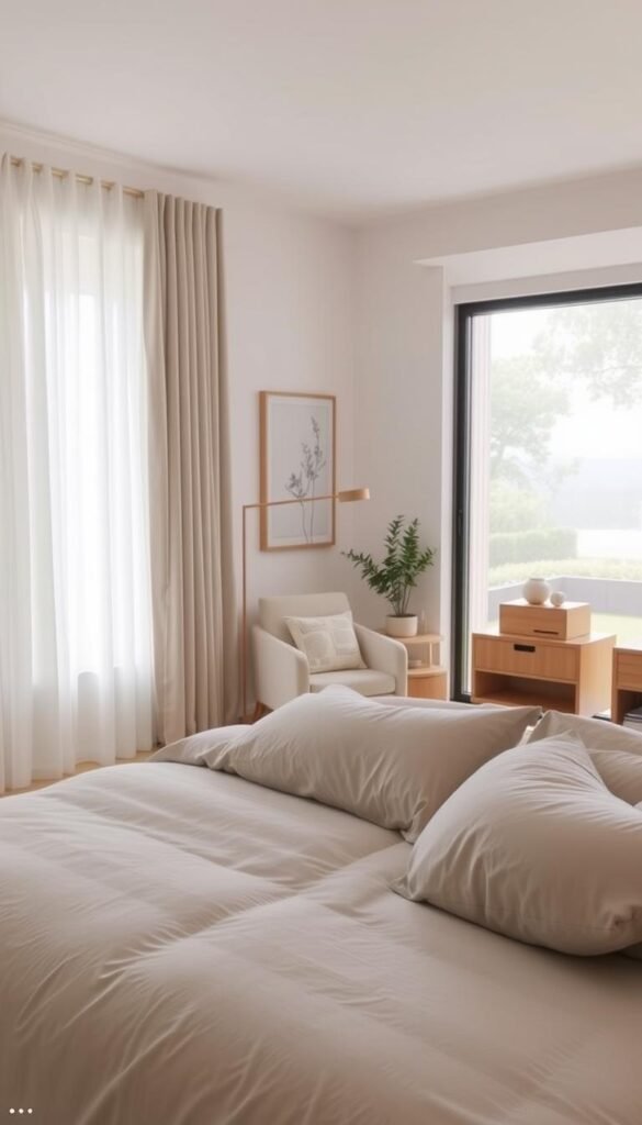A serene and harmonious bedroom scene with a soft, calming color palette. The room is bathed in gentle, diffused natural light filtering through sheer curtains, creating a tranquil atmosphere. In the foreground, a plush king-size bed is adorned with soothing tones of gray, beige, and ivory linens. Muted floral or botanical wall art hangs above the bed's headboard, complementing the calming vibe. The middle ground features a cozy reading nook with a comfortable armchair and a side table with a potted plant. The background showcases minimalist wooden furniture and a large window offering a serene outdoor view, perhaps of a garden or natural landscape. The overall aesthetic is one of understated elegance and serenity, evoking a sense of tranquility and relaxation.