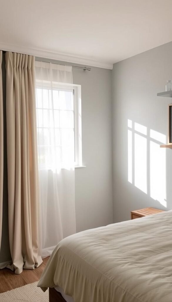 A serene and harmonious bedroom wall transformation. A soft, natural light filters through sheer curtains, casting a warm glow across a freshly painted feature wall. The paintwork is meticulously applied, with a smooth, even finish that seamlessly blends into the surrounding decor. Subtle textures and gentle hues, perhaps a soothing shade of sage or muted blue, create a calming and inviting ambiance. Minimal yet thoughtful decor accents, such as a floating shelf or a simple piece of artwork, complement the transformed wall, elevating the overall aesthetic. The resulting space exudes a sense of tranquility and modern sophistication, perfectly embodying the idea of a bedroom makeover.