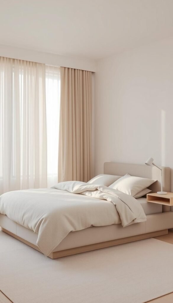 A serene and harmonious neutral bedroom color palette. A clean, minimalist bedroom interior with soft, muted tones. The walls are painted in a calming ivory hue, creating a bright and airy atmosphere. Plush, textured bedding in subtle shades of beige and gray adorns a modern, low-profile platform bed. Soft, diffused natural light filters through sheer curtains, casting a warm glow throughout the space. A simple, wooden nightstand with a sleek, modern lamp completes the tranquil scene. The overall aesthetic is one of relaxation and sophisticated simplicity, perfect for a soothing, rejuvenating sleep.