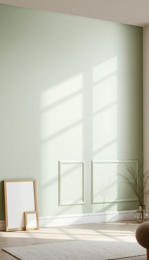 A serene and harmonious sage green accent wall, illuminated by soft, natural lighting from a large window. The wall features a minimalist, yet elegant design with subtle textural elements, such as a refined paneling or light brushstrokes, creating a calming and inviting ambiance. The foreground showcases a few carefully curated decor pieces, like a wooden or metal frame, a potted plant, or a decorative vase, complementing the sage green hue. The middle ground maintains a clean, uncluttered layout, allowing the accent wall to take center stage. The background gently blends into a neutral, soothing palette, ensuring the sage green accent wall remains the focal point of the composition.