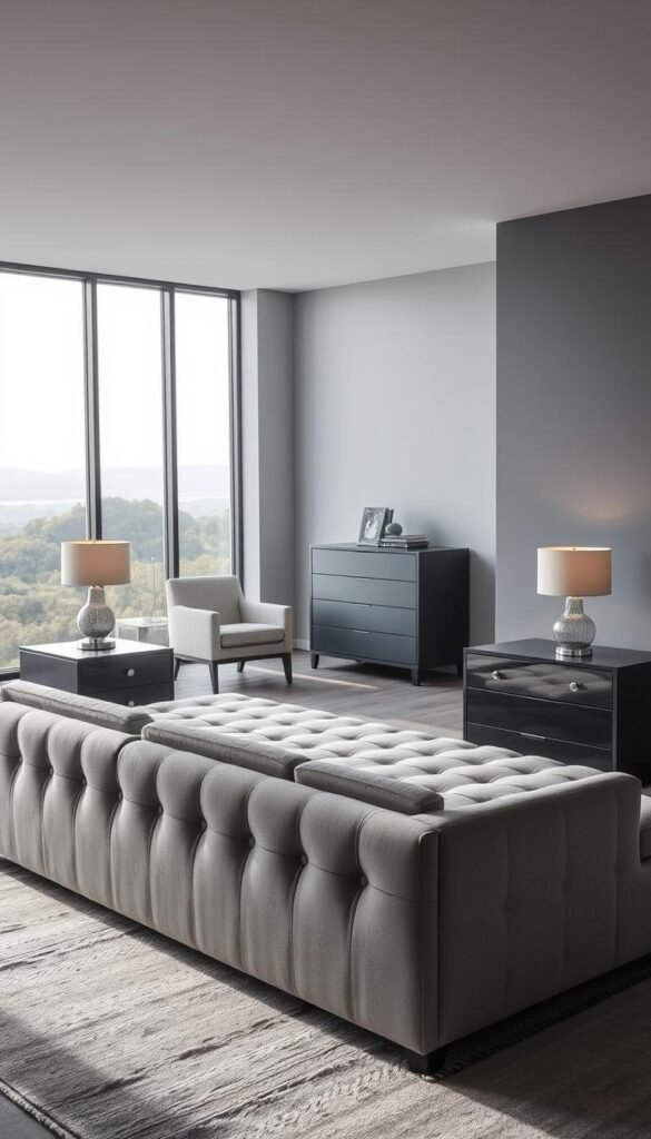 A serene and stylish grey bedroom with a carefully curated selection of furniture. In the foreground, a plush grey upholstered bed frame with matching nightstands, each adorned with a minimalist table lamp. In the middle ground, a sleek grey dresser and armchair nestled in the corner, bathed in soft, diffused lighting. The background features a large window overlooking a tranquil outdoor scene, allowing natural light to fill the space. The overall atmosphere is one of understated elegance and calming sophistication, perfectly complementing the grey color palette.