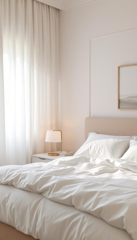A serene and tranquil neutral-toned bedroom, bathed in soft, diffused natural light filtering through sheer curtains. The bed is adorned with crisp, cloud-like linens and plush pillows, inviting rest and relaxation. A minimal nightstand with a simple table lamp stands nearby, casting a warm, ambient glow. In the background, a neutral-colored accent wall creates a soothing, elegant backdrop, while a piece of understated, modern wall art adds a touch of sophistication. The overall atmosphere is one of calm, inviting the viewer to unwind and escape the stresses of the day in this peaceful retreat.