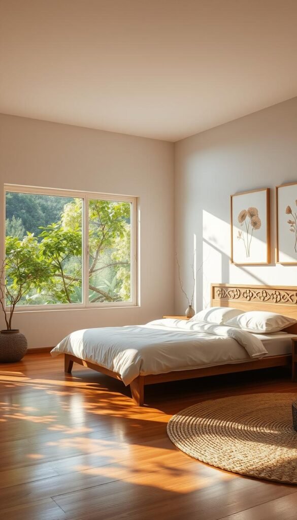 A serene bedroom bathed in natural light, with a soothing palette of earth tones and natural textures. In the foreground, a large window frames a lush outdoor landscape, its verdant foliage and delicate floral motifs reflected in the gleaming hardwood floors. On the walls, abstract botanical artworks in muted hues create a sense of tranquility, while a wooden headboard with intricate leaf carvings adds a touch of rustic elegance. Soft cotton bedding and a woven area rug complete the harmonious, nature-inspired aesthetic, evoking a peaceful, Japandi-inspired retreat.