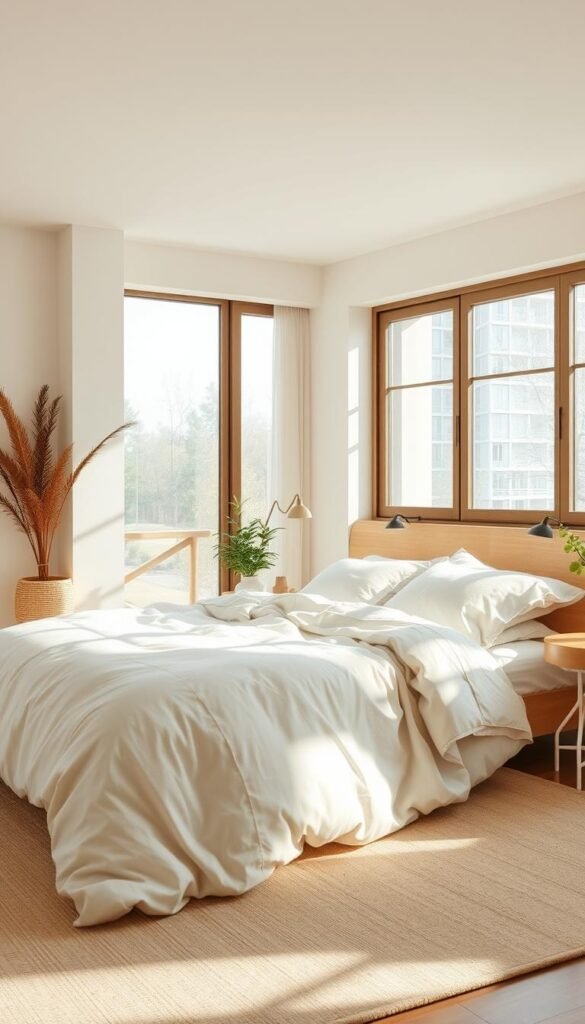A serene bedroom featuring a harmonious neutral and natural color palette. Soft, muted tones of beige, ivory, and light gray create a calming, minimalist ambiance. Textured linen bedding and natural wood accents add warmth, while large windows flood the space with natural light. A potted plant or two bring a touch of greenery, complementing the earthy, Japandi-inspired aesthetic. The camera captures the scene from a low angle, emphasizing the tranquil, inviting atmosphere. Soft, diffused lighting casts gentle shadows, evoking a sense of understated elegance.