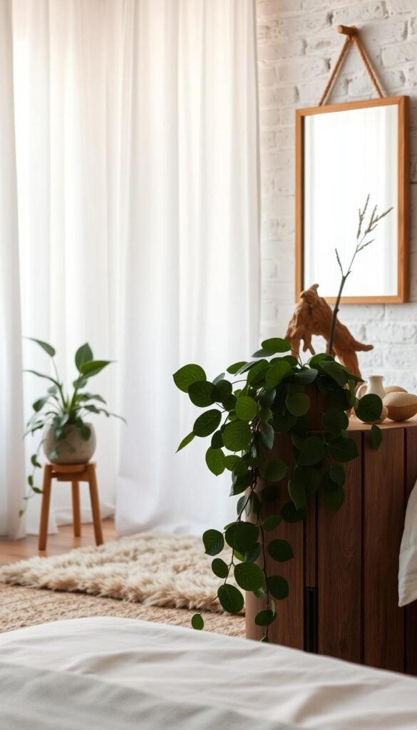 A serene bedroom setting, featuring a stunning vignette of natural elements. In the foreground, a lush potted plant cascades over the edge of a rustic wooden nightstand. Soft, diffused lighting filters through sheer curtains, casting a warm, inviting glow. In the middle ground, a plush, earthy-toned rug grounds the space, while a minimalist, wooden-framed mirror reflects the natural touches. The background showcases a textured, whitewashed brick wall, offering a refined, yet cozy ambiance. Meticulously arranged decorative elements, such as a driftwood sculpture and a simple, leafy branch, complete the harmonious, nature-inspired scene.