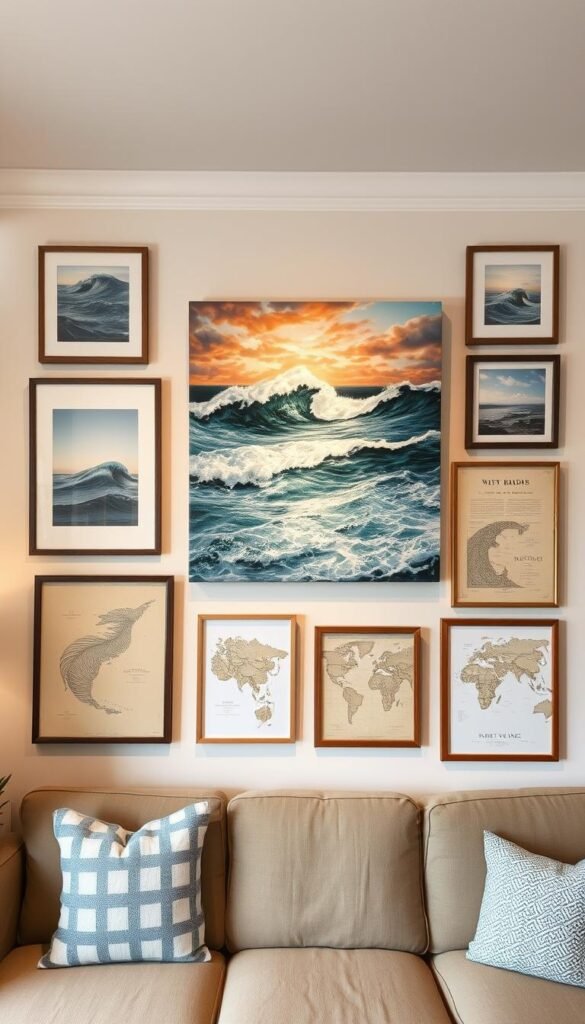 A serene, coastal-inspired wall display featuring a harmonious arrangement of ocean-themed artwork and antique-style nautical maps. The centerpiece is a large, vibrant seascape painting with crashing waves and a dramatic sky, framed by complementary artworks such as abstract marine studies, minimalist wave illustrations, and hand-drawn cartographic charts. The overall composition has a natural, organic flow, with each element enhancing the others to create a cohesive, gallery-worthy display. Warm, diffused lighting casts a soft, ambient glow, evoking a sense of tranquility and nostalgic seaside charm. The scene is captured from a slightly elevated angle, providing a comprehensive view of the curated wall installation. A serene, coastal-inspired wall display featuring a harmonious arrangement of ocean-themed artwork and antique-style nautical maps. The centerpiece is a large, vibrant seascape painting with crashing waves and a dramatic sky, framed by complementary artworks such as abstract marine studies, minimalist wave illustrations, and hand-drawn cartographic charts. The overall composition has a natural, organic flow, with each element enhancing the others to create a cohesive, gallery-worthy display. Warm, diffused lighting casts a soft, ambient glow, evoking a sense of tranquility and nostalgic seaside charm. The scene is captured from a slightly elevated angle, providing a comprehensive view of the curated wall installation.