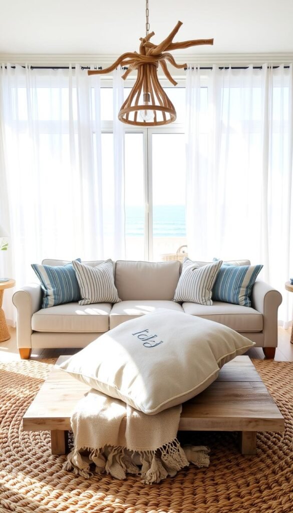 A serene coastal living room, bathed in natural light filtering through sheer white curtains. In the foreground, a plush velvet sofa adorned with soft blue and white striped throw pillows. Across the room, a rustic woven area rug grounds the space. Suspended from the ceiling, a driftwood-inspired light fixture casts a warm glow. In the middle ground, a weathered coffee table displays a collection of coastal-inspired textiles - a chunky knit blanket, a linen cushion with an embroidered wave pattern, and a delicate lace doily. The backdrop features a large window overlooking a sun-dappled seascape, framed by sheer white curtains billowing in the ocean breeze.